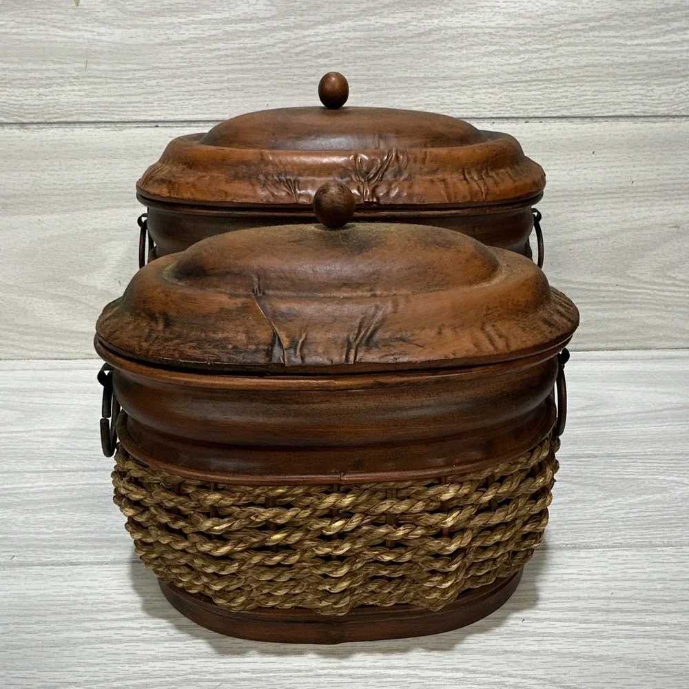 Rustic Brown/Tan Metal Decorative Jars (Set Of 2) Woven Wicker Lids Handles